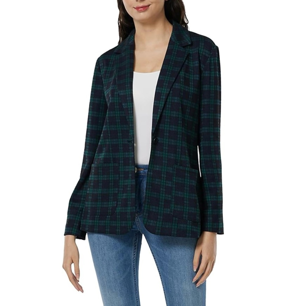 May You Be Green and Blue Plaid Blazer Women's Casual Blazer